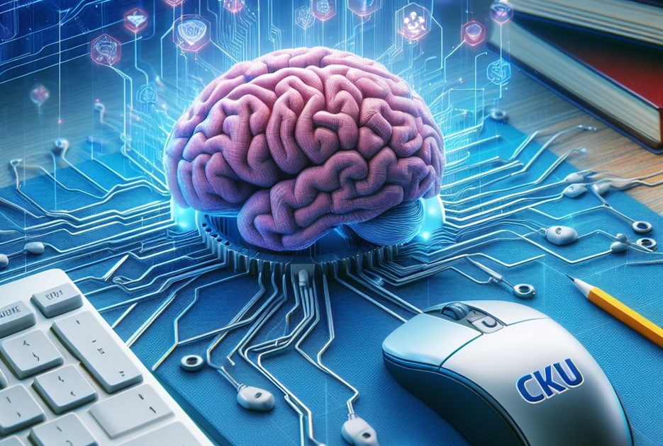 AI genereret billede af en hjerne hvor der er tilsluttet en mus og et tastatur